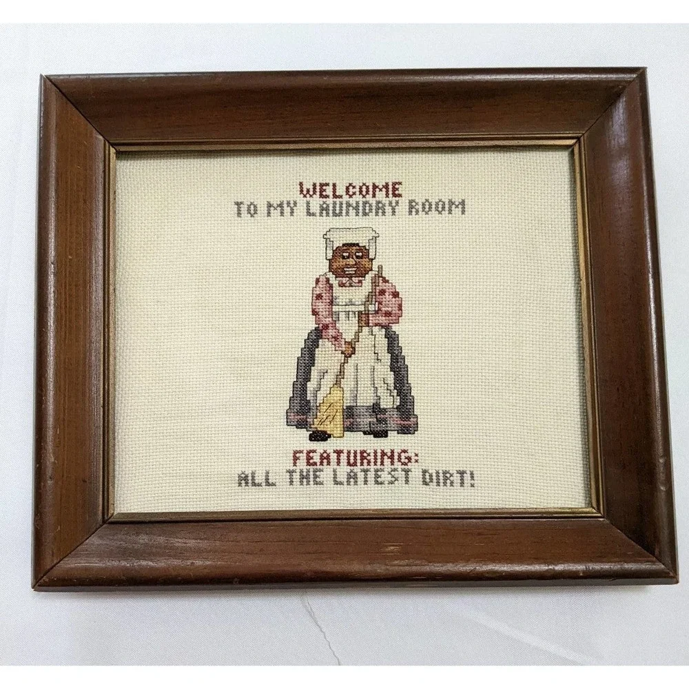 Vintage aunt laundry room Framed cross stitch featuring latest dirt funny